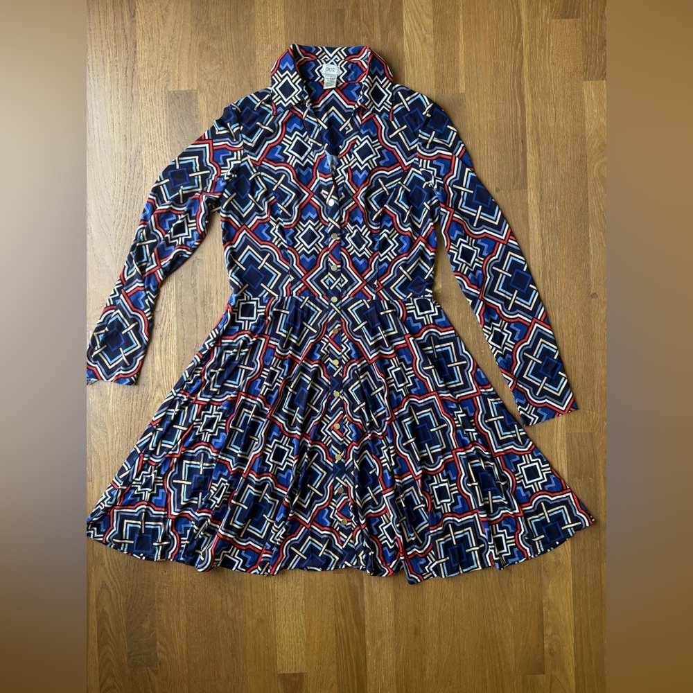 Cache Geometric Career Dress Button Front V Neck A Line Pleated Blue Red 12